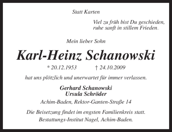 Traueranzeige von Karl-Heinz Schanowski von KREISZEITUNG SYKE