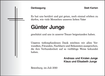 Traueranzeige von Günter Junge von KREISZEITUNG SYKE