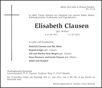 Traueranzeige von Elisabeth Clausen von KREISZEITUNG SYKE