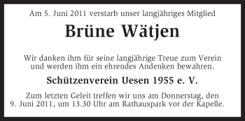 Traueranzeige von Brüne Wätjen von KREISZEITUNG SYKE