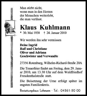 Traueranzeige von Klaus Kuhlmann von KREISZEITUNG SYKE