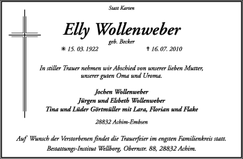 Traueranzeige von Elly Wollenweber von KREISZEITUNG SYKE