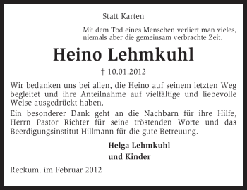 Traueranzeige von Heino Lehmkuhl von KREISZEITUNG SYKE