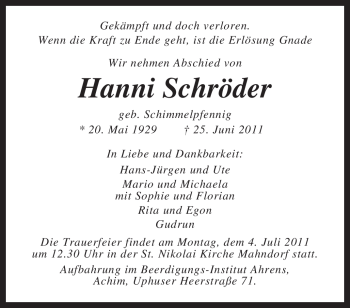 Traueranzeige von Hanni Schröder von KREISZEITUNG SYKE