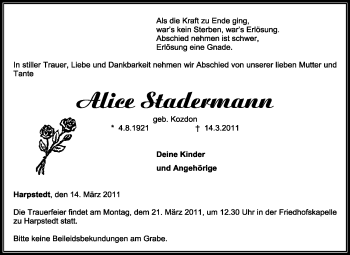 Traueranzeige von Alice Stadermann von KREISZEITUNG SYKE