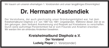 Traueranzeige von Hermann Kastendiek von KREISZEITUNG SYKE