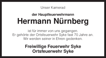 Traueranzeige von Hermann Nürnberg von KREISZEITUNG SYKE