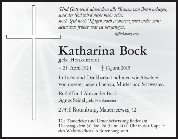 Traueranzeige von Katharina Bock von KRZ