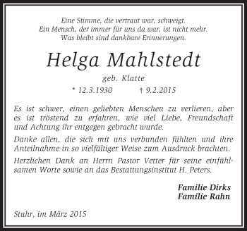 Traueranzeige von Helga Mahlstedt von KRZ