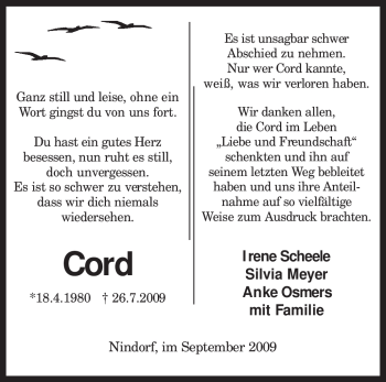 Traueranzeige von Cord Unbekannt von KREISZEITUNG SYKE