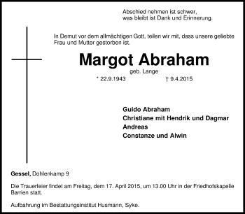 Traueranzeige von Margot Abraham von KRZ