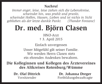 Traueranzeige von Björn Clasen von KRZ