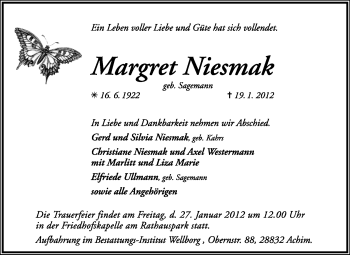 Traueranzeige von Margret Niesmak von KREISZEITUNG SYKE