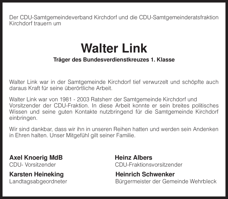  Traueranzeige für Walter Link vom 20.01.2010 aus KREISZEITUNG SYKE