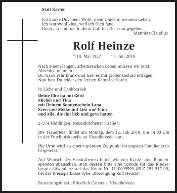 Traueranzeige von Rolf Heinze von KREISZEITUNG SYKE