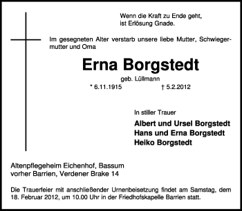 Traueranzeige von Erna Borgstedt von KREISZEITUNG SYKE