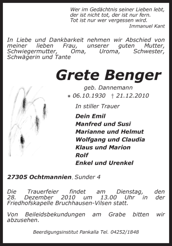 Traueranzeige von Grete Benger von KREISZEITUNG SYKE