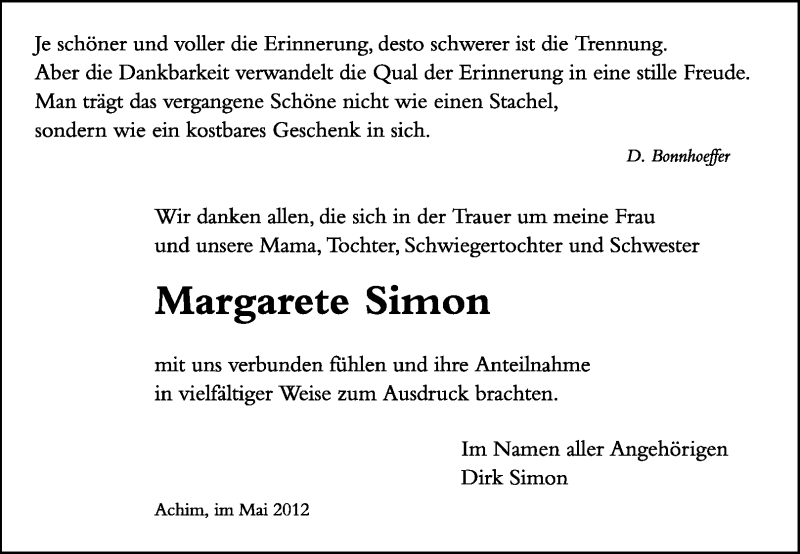  Traueranzeige für Margarete Simon vom 14.05.2012 aus KREISZEITUNG SYKE
