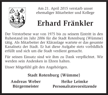 Traueranzeige von Erhard Fränkler von KRZ