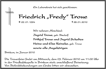 Traueranzeige von Friedrich Troue von KREISZEITUNG SYKE