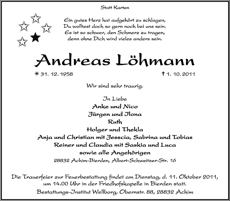  Traueranzeige für Andreas Löhmann vom 08.10.2011 aus KREISZEITUNG SYKE