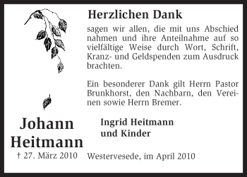 Traueranzeige von Johann Heitmann von KREISZEITUNG SYKE