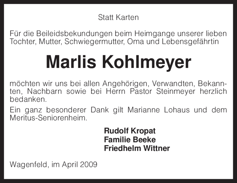  Traueranzeige für Marlis Kohlmeyer vom 18.04.2009 aus KREISZEITUNG SYKE