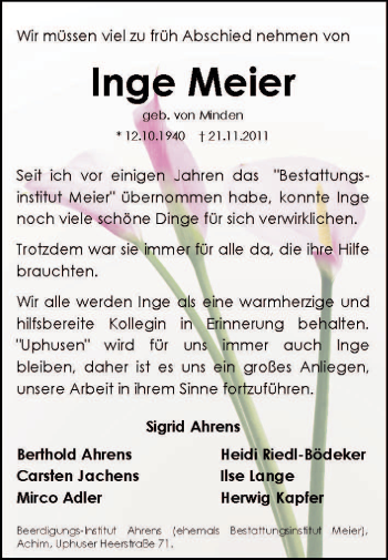 Traueranzeige von Inge Meier von KREISZEITUNG SYKE