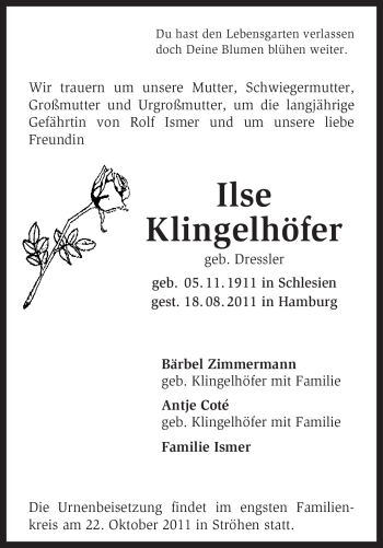 Traueranzeige von Ilse Klingelhöfer von KREISZEITUNG SYKE