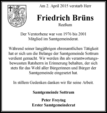 Traueranzeige von Friedrich Brüns von KRZ