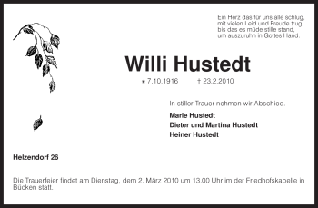 Traueranzeige von Willi Hustedt von KREISZEITUNG SYKE