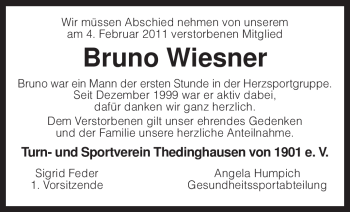 Traueranzeige von Bruno Wiesner von KREISZEITUNG SYKE