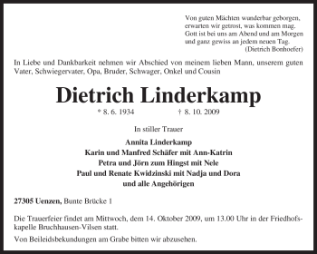 Traueranzeige von Dietrich Linderkamp von KREISZEITUNG SYKE