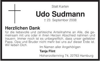 Traueranzeige von Udo Sudmann von KREISZEITUNG SYKE