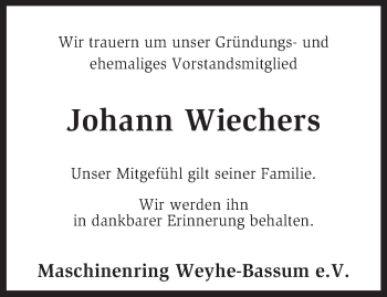 Traueranzeige von Johann Wiechers von KRZ