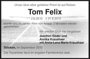 Traueranzeige von Tom Felix von KREISZEITUNG SYKE