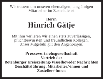 Traueranzeige von Hinrich Gätje von KREISZEITUNG SYKE