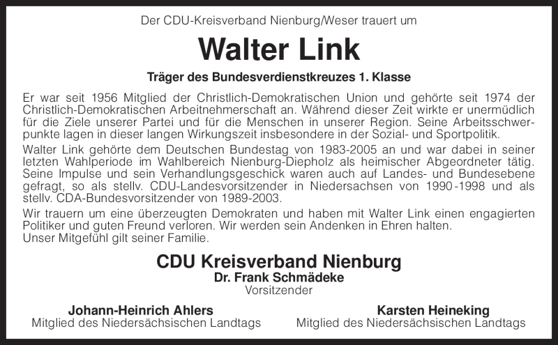  Traueranzeige für Walter Link vom 21.01.2010 aus KREISZEITUNG SYKE