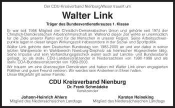 Traueranzeige von Walter Link von KREISZEITUNG SYKE