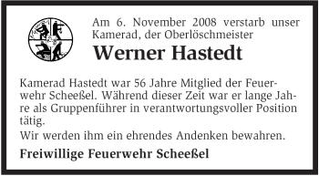 Traueranzeige von Werner Hastedt von KREISZEITUNG SYKE