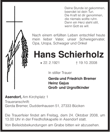 Traueranzeige von Hans Schierholz von KREISZEITUNG SYKE