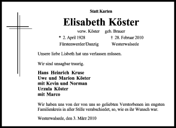 Traueranzeige von Elisabeth Köster von KREISZEITUNG SYKE