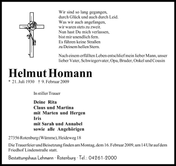 Traueranzeige von Helmut Homann von KREISZEITUNG SYKE