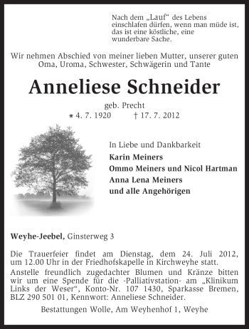 Traueranzeige von Anneliese Schneider von KREISZEITUNG SYKE