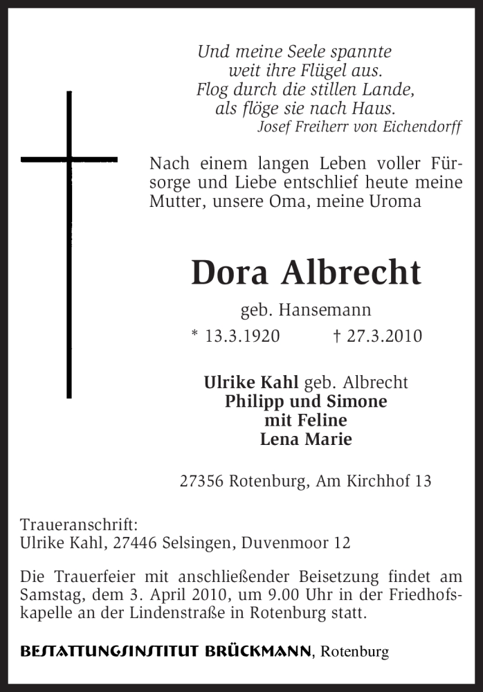  Traueranzeige für Dora Albrecht vom 30.03.2010 aus KREISZEITUNG SYKE