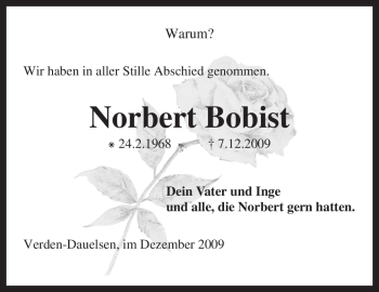 Traueranzeige von Norbert Bobist von KREISZEITUNG SYKE