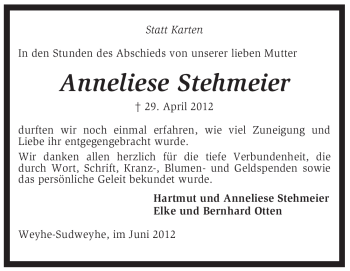 Traueranzeige von Anneliese Stehmeier von KREISZEITUNG SYKE