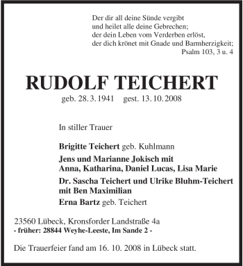 Traueranzeige von Rudolf Teichert von KREISZEITUNG SYKE