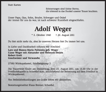 Traueranzeige von Adolf Weger von KREISZEITUNG SYKE