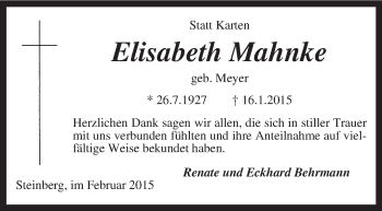 Traueranzeige von Elisabeth Mahnke von KRZ